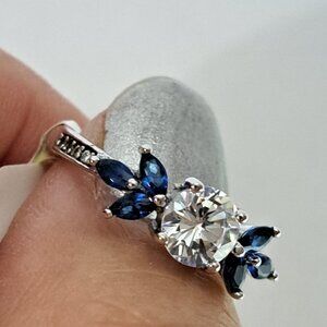 Sterling Silver 925 Stamped Ring. Blue Sapphire and Diamond look stones, Size 7